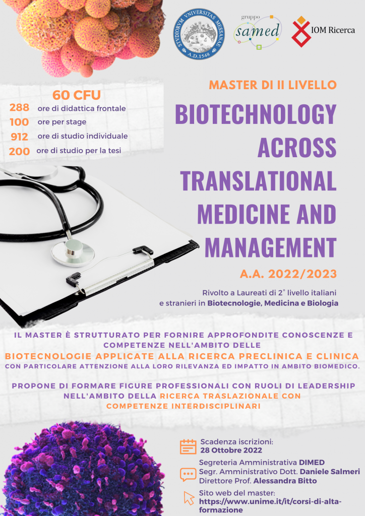 MASTER DI II° LIVELLO PROMOSSO DA UNIME E IOM RICERCA Biotechnology across Translational Medicine and Management